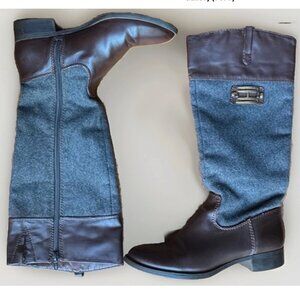 (6.5) TOMMY HILFIGER Gray Fabric w/ Faux Brown Leather Knee-High Boots